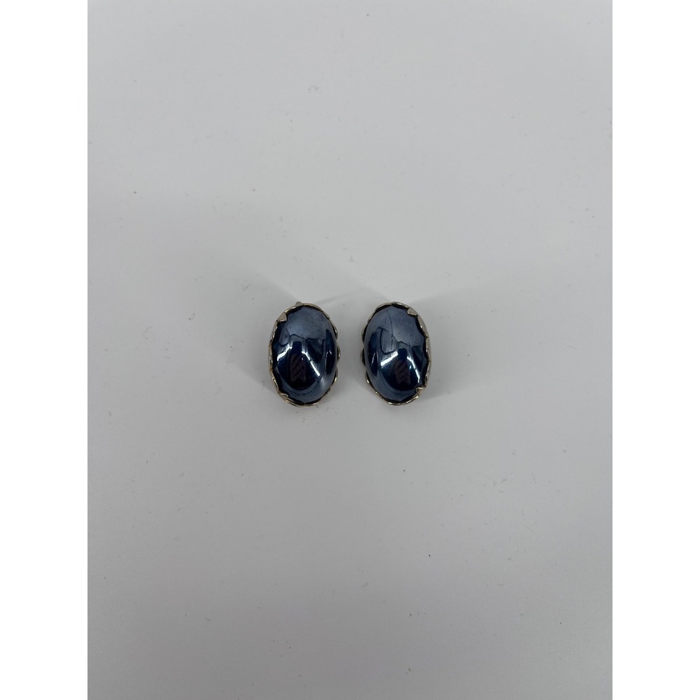 Vintage Hematite Cabochon Clip On Earrings Silver Tone Filigree Oval Metallic‎